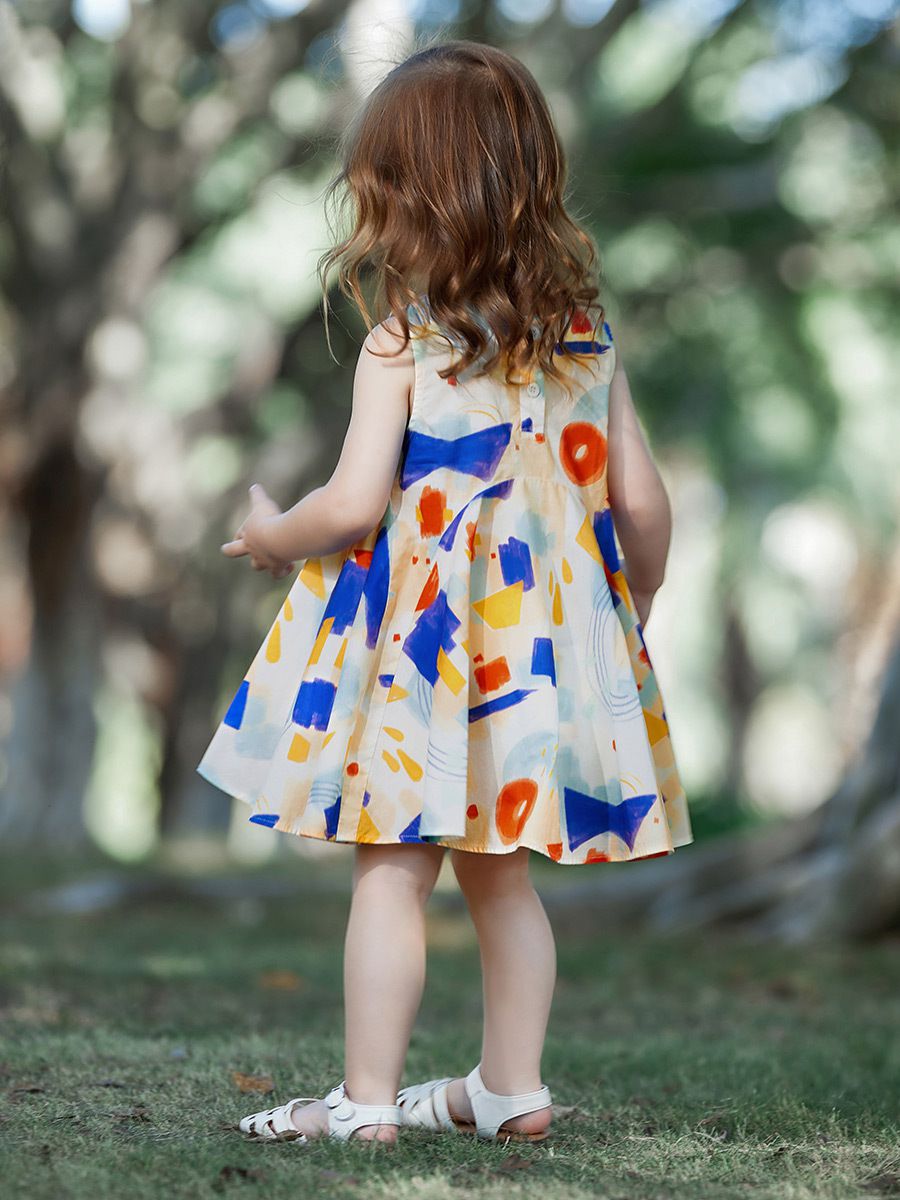 純棉油畫風無袖連身洋裝-拼色幾何-杏色