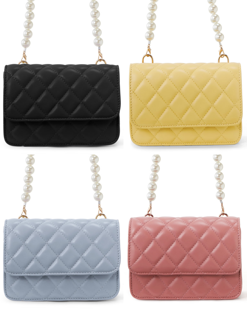 日本 GRL - 菱格紋珍珠鏈小方側背包-白