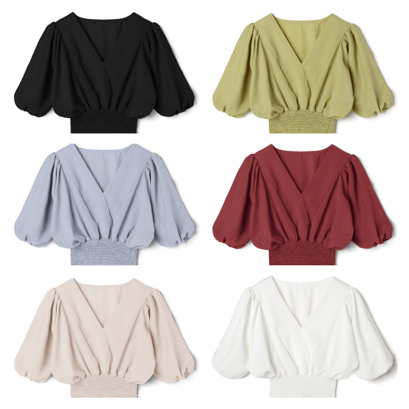 日本 GRL - V領五分袖縮腰上衣-磚橘紅