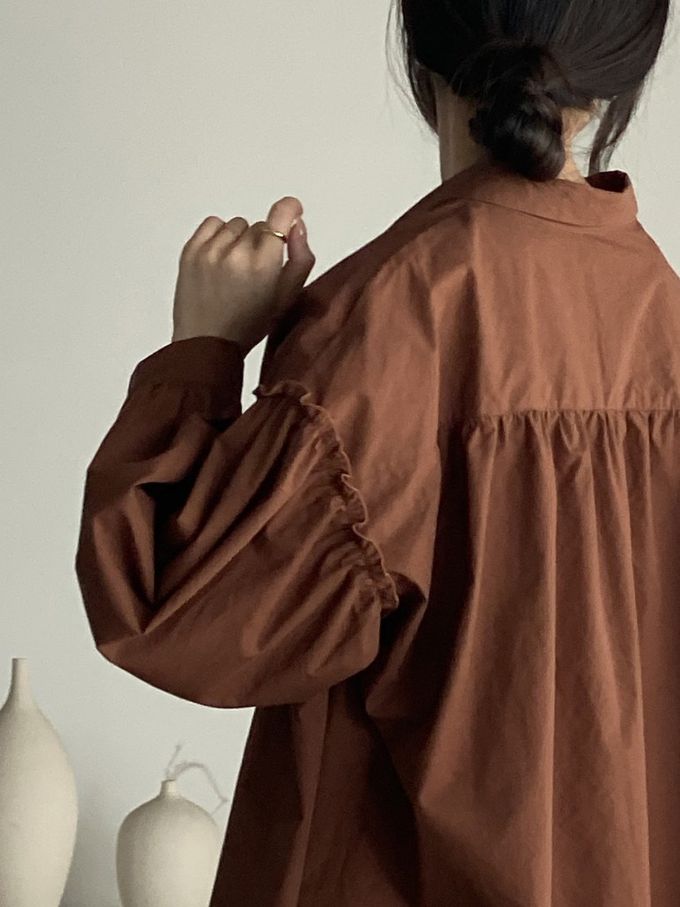 韓國女裝連線 - 極簡拼接翻領長袖襯衫-咖啡紅 (FREE)