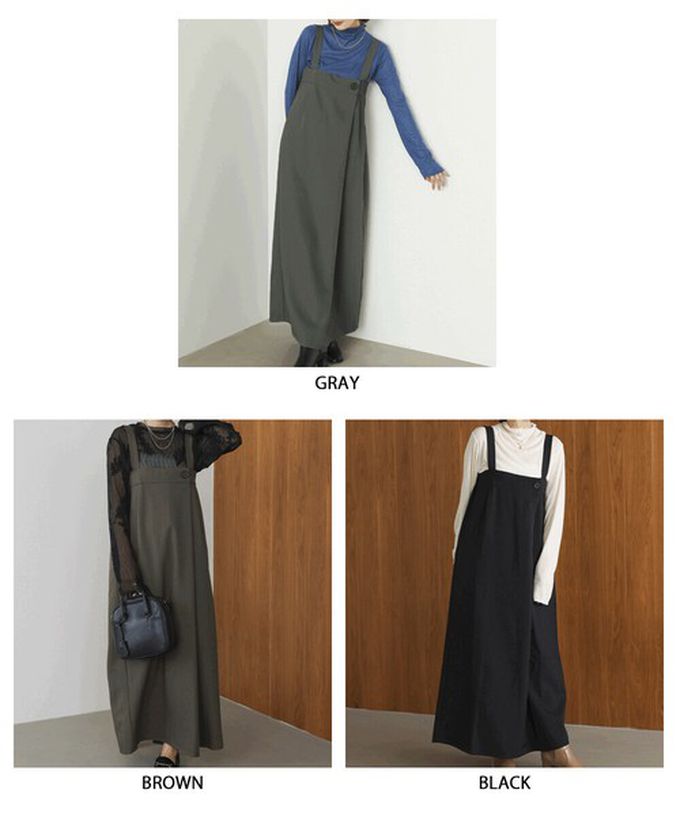 日本 Bab - 斜紋布優雅摺線工裝風吊帶裙-棕咖