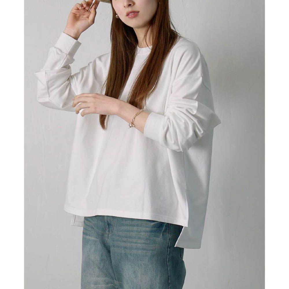 精緻比例休閒羅紋袖素色上衣-奶白