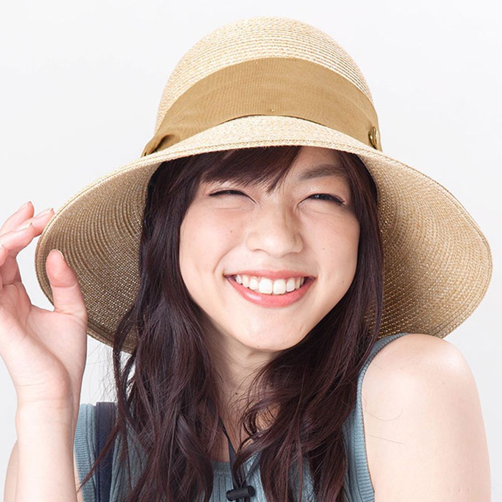 日本 irodori - 抗UV可捲收 大緞帶遮陽草帽(附防風帽帶)-杏x咖緞帶