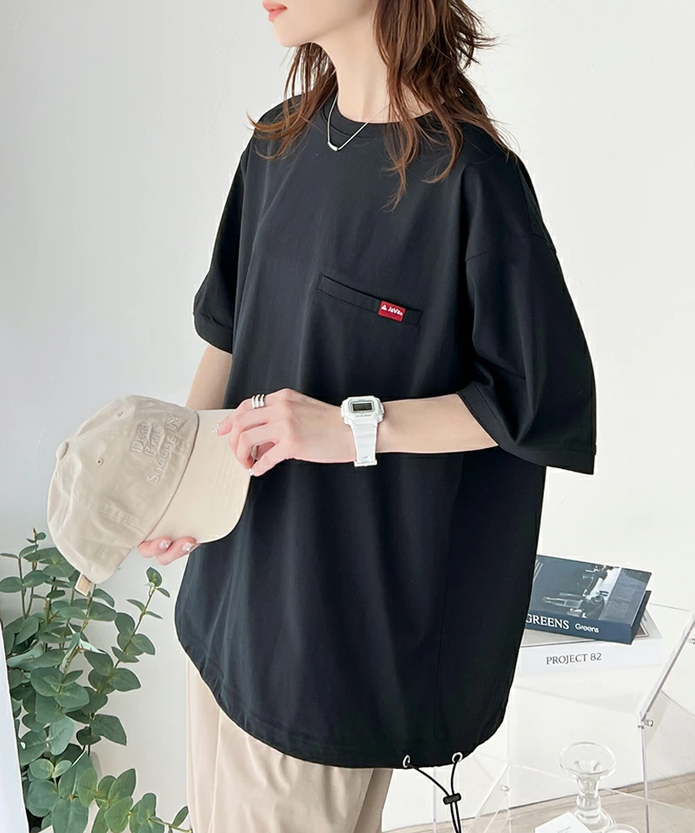 純棉光澤感率性紅標抽繩T恤-黑