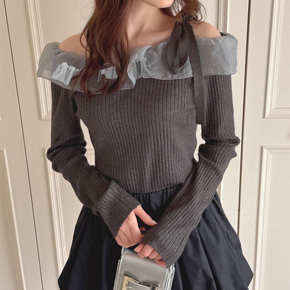 歐根紗荷葉露肩領羅紋長袖上衣-深灰 (F)