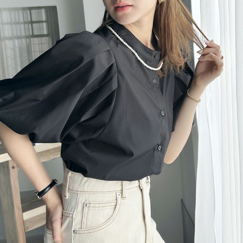 日本 Classical Elf - 氣質皺摺泡泡短袖襯衫-淺米杏