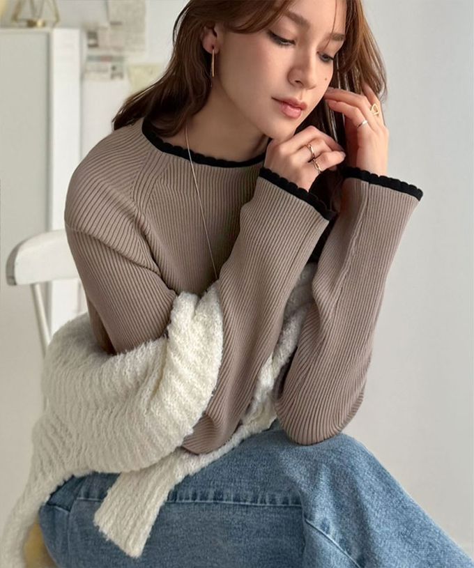 日本 Classical Elf - 羅紋針織典雅滾邊長袖上衣-摩卡