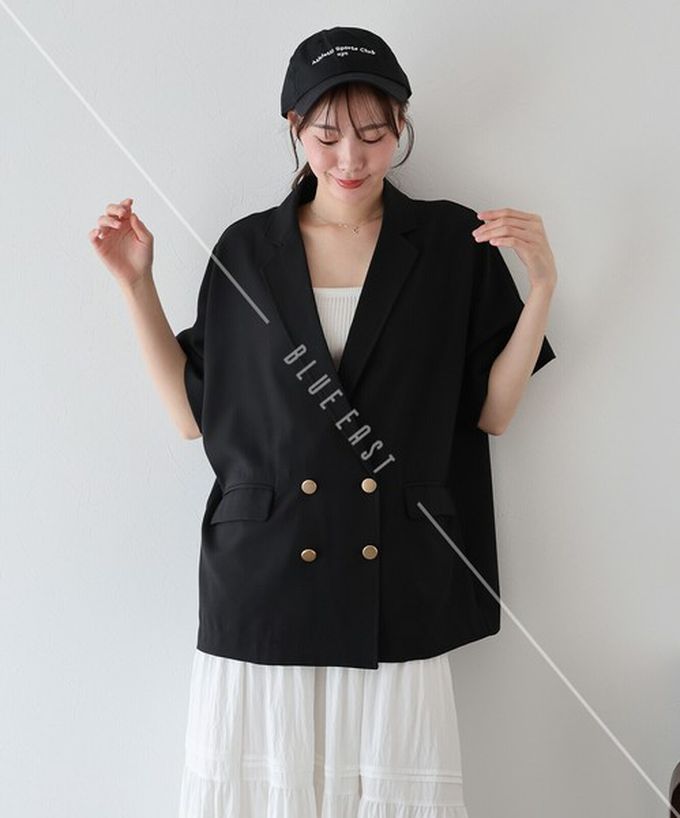 日本 BLUE EAST - 亞麻感氣質金釦短袖西裝外套-卡其杏