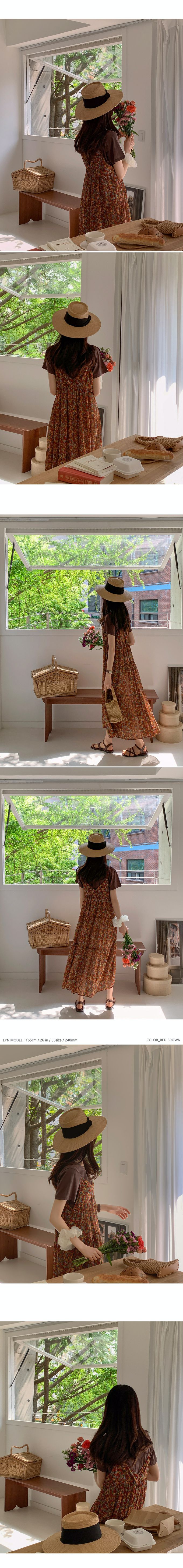 韓國女裝代購 - 復古花漾細肩帶連身洋裝-咖啡紅 (FREE)