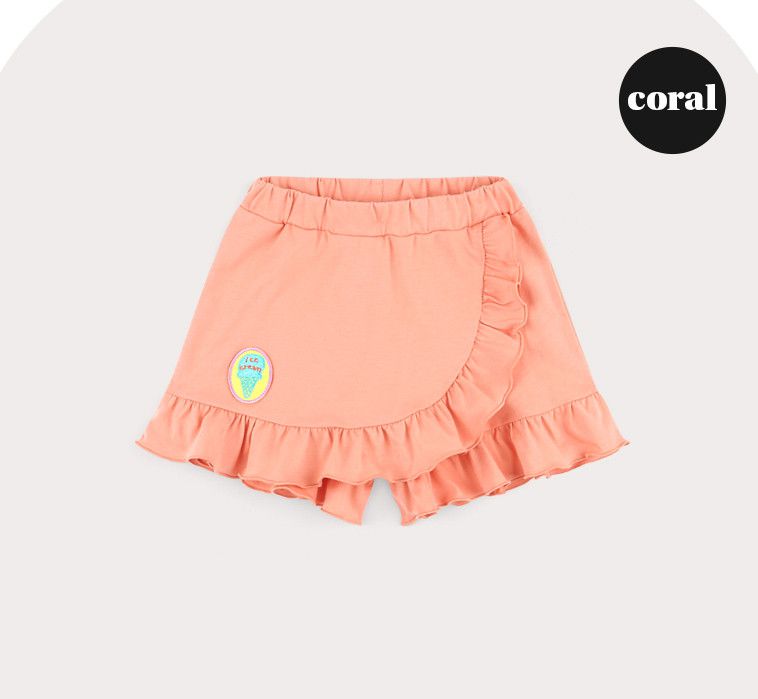 韓國 HEJMINI - 斜邊荷葉褲裙-蜜桃橘