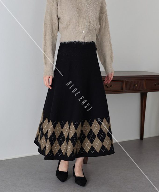 日本 BLUE EAST - 氣質女伶全腰鬆緊皺摺長裙-菱格-灰 (M)