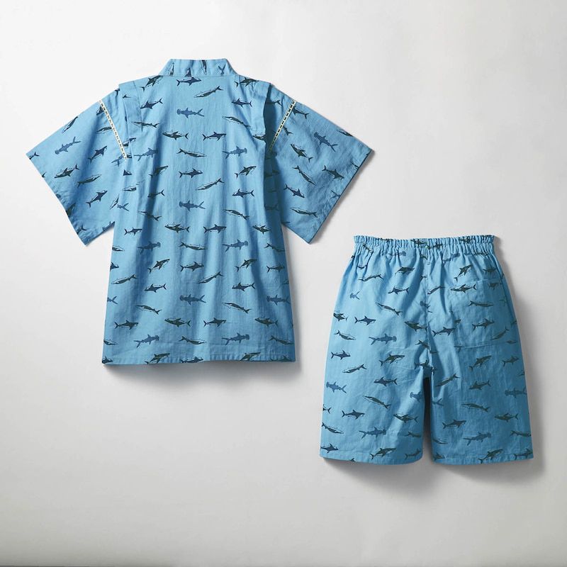 日本千趣會 - GITA 可當短褲2 WAY穿法的夏日甚平-鯊魚-水藍