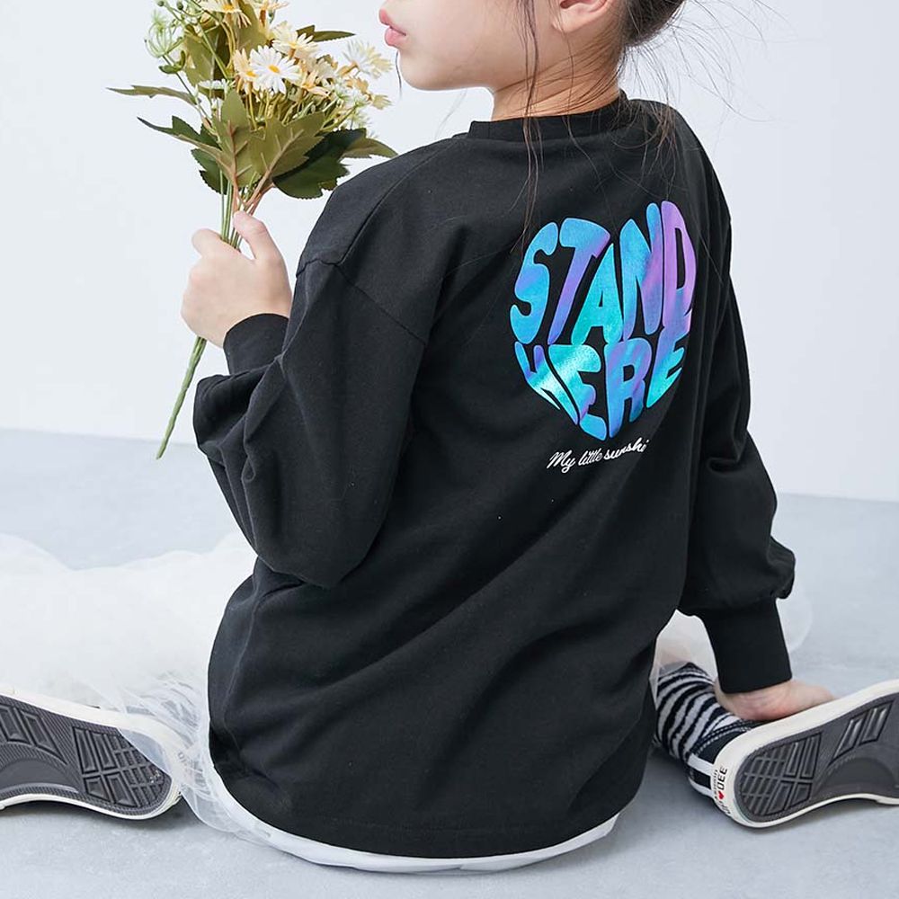 100%棉 閃亮金屬印花長袖上衣-愛心字母-黑