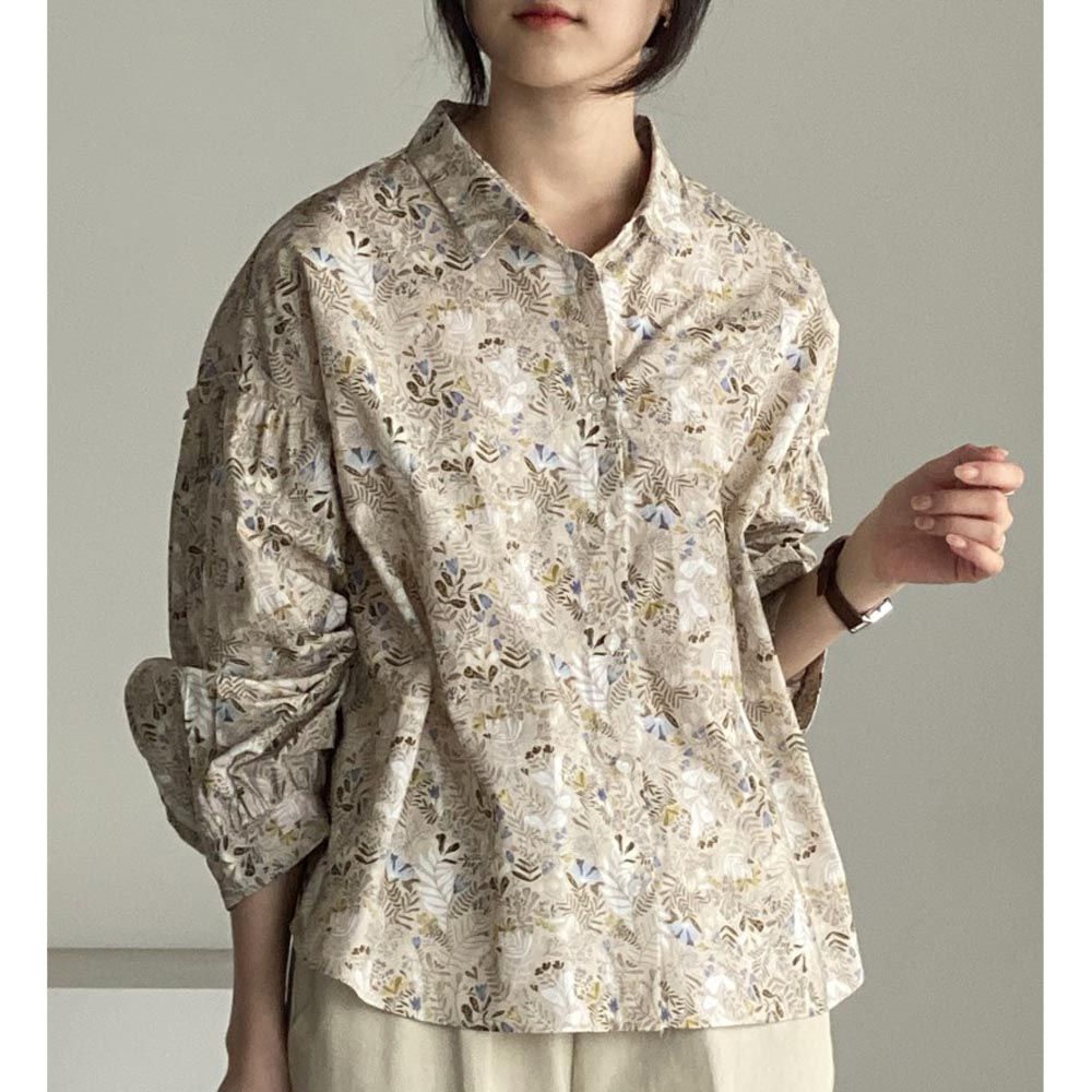 韓國女裝連線 - 花草圖樣翻領拼接長袖襯衫-卡其 (FREE)
