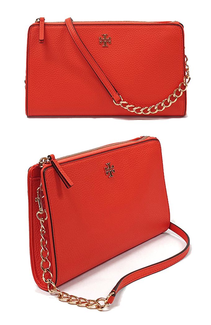 TORY BURCH - 雙T-LOGO皮革拉鍊斜背包 (紅)