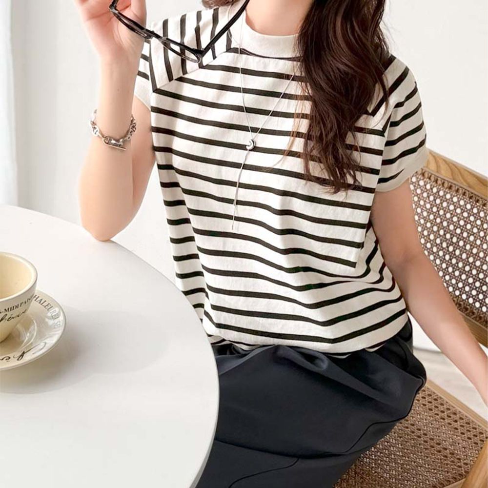 美國棉 典雅小立領法式袖上衣(下擺抽繩)-黑白條紋