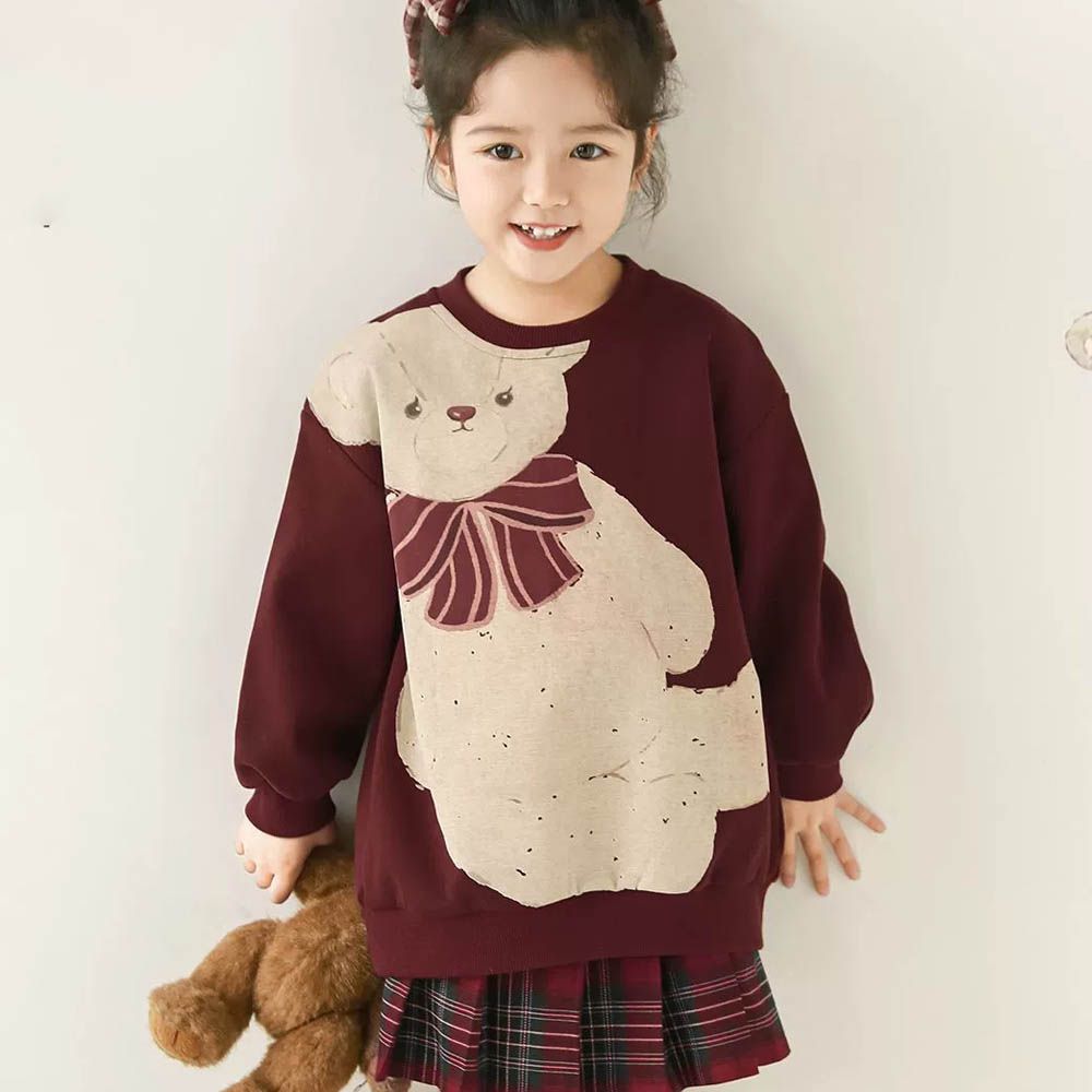 圓領休閒長版上衣/大學T-超大熊熊-酒紅色