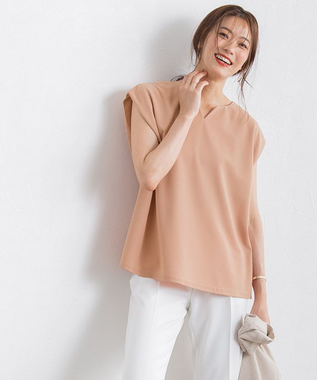 日本 Pierrot - 接觸涼感 小V領雪紡無袖上衣-橘