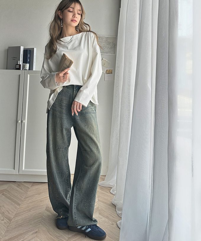 日本 Classical Elf - 一字領寬鬆落肩長袖T恤-淺杏