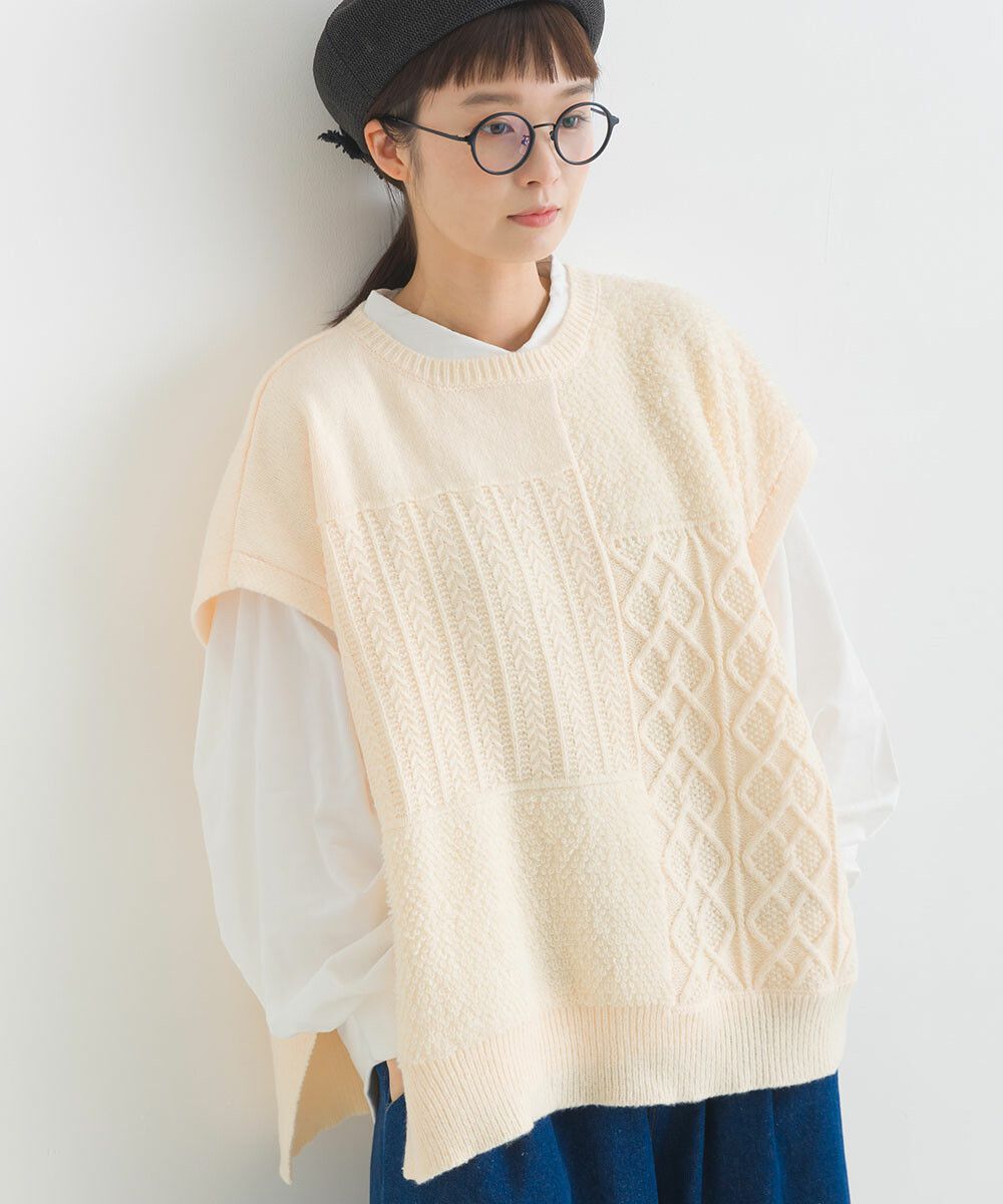 日本女裝代購 - 圓領編織紋拼接針織背心-咖啡