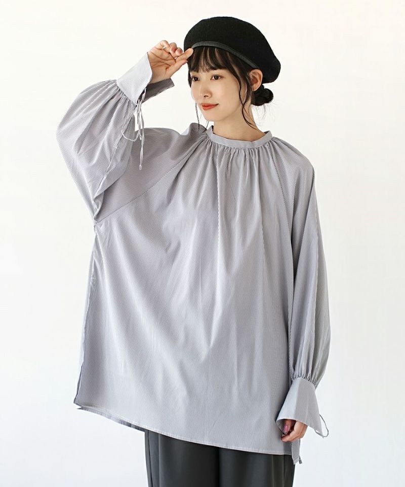 日本 zootie - 繫帶開衩袖口襯衫長版上衣-深藍條紋