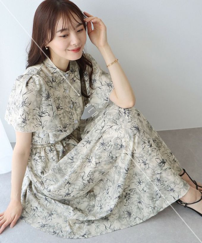 日本 BLUE EAST - 浪漫時光碎花雪紡短袖洋裝-水彩花紋-粉