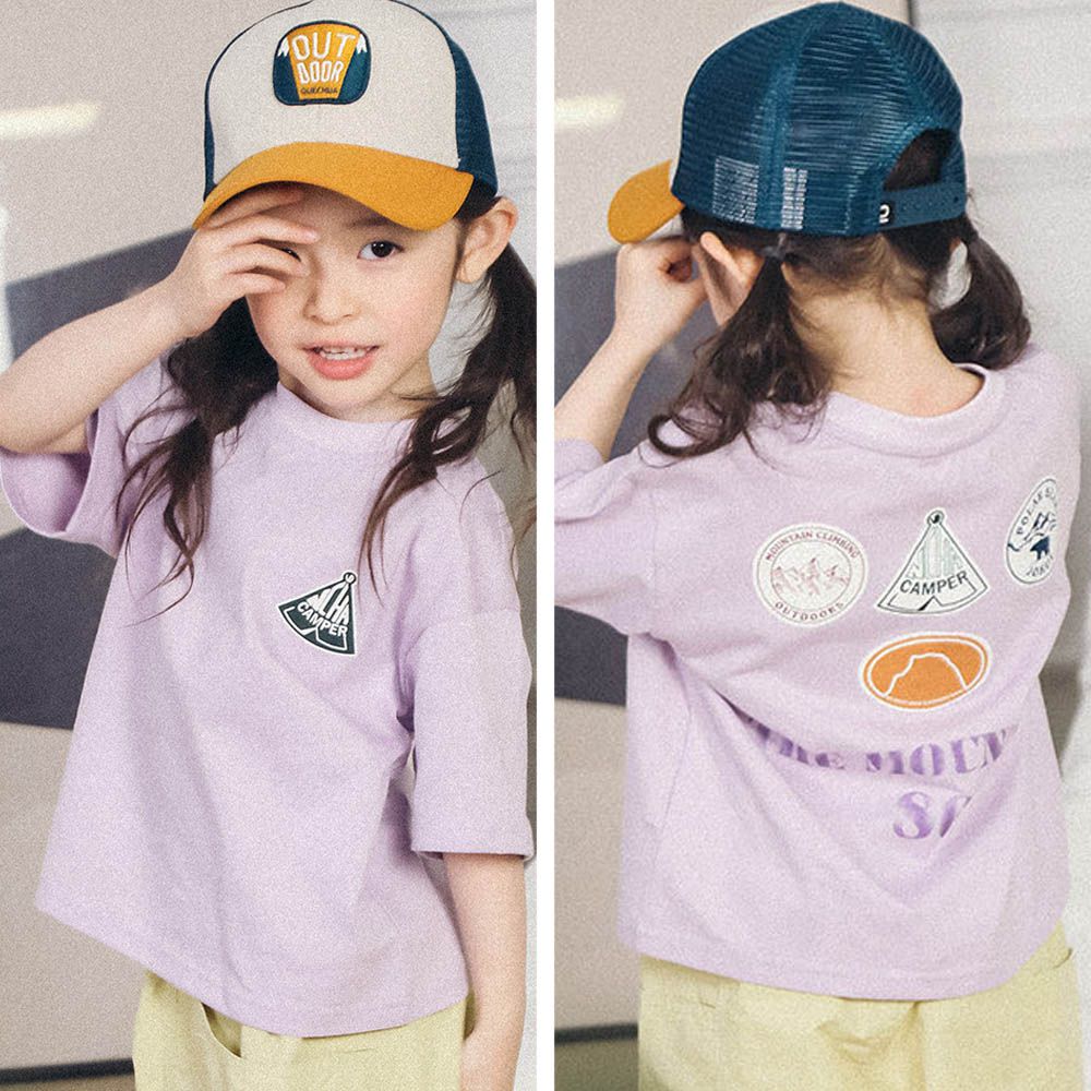 純棉圓領短袖上衣-標籤印花-紫色