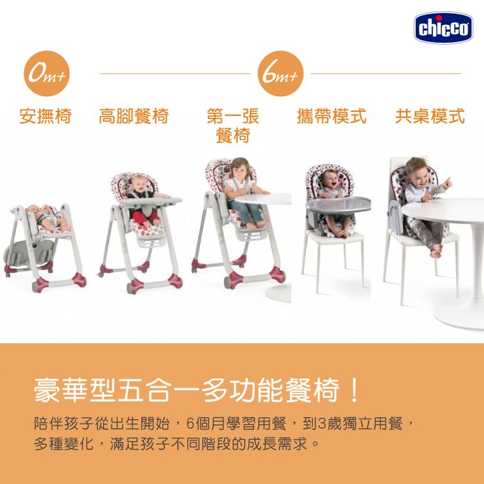 義大利 chicco - Polly Progres五合一多功能成長高腳餐椅-蒲公英灰