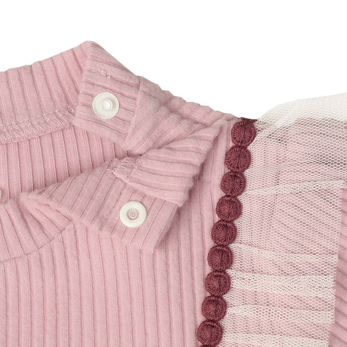 akachan honpo - 長袖假兩件休閒上衣-刺繍-粉紅色