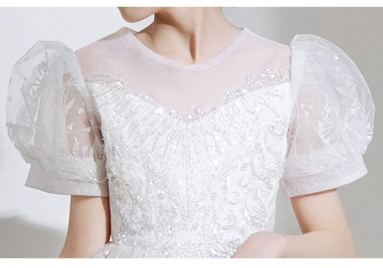 桃心V領公主泡泡五分袖網紗禮服-滿滿亮片-白色