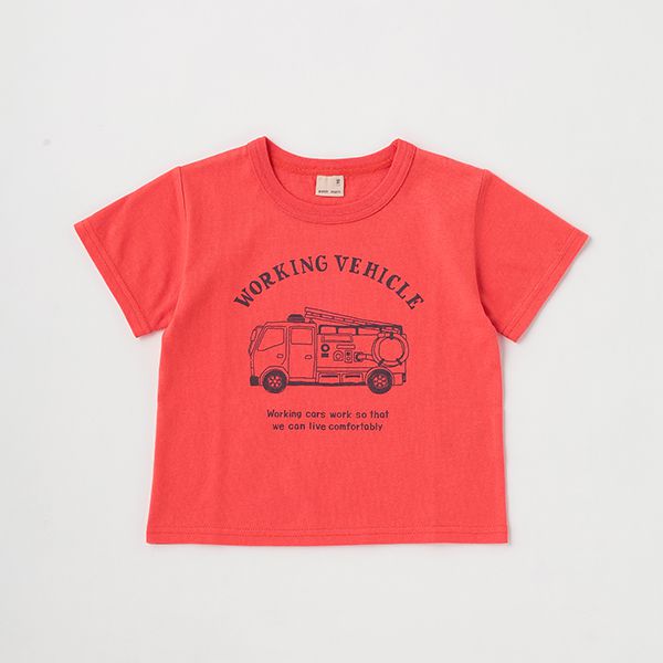 日本 petit main - 百搭印花短袖上衣-恐龍線條-卡其黃