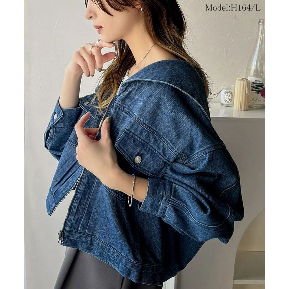 俏麗水手領拉鏈牛仔外套-刷色藍