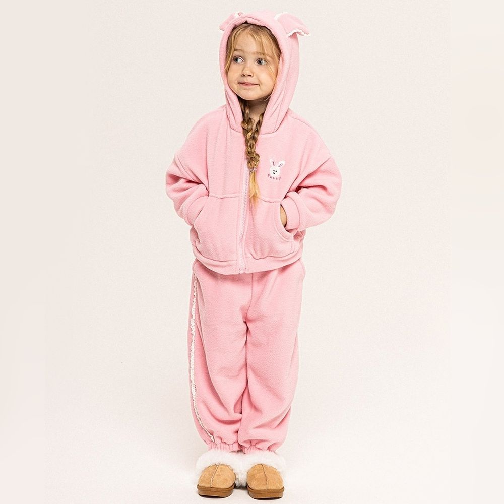 可愛兔兔搖粒絨連套外套X休閒褲套裝-粉