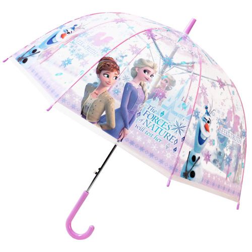 日本 J'S PLANNING - 小孩最愛印花透明直傘-冰雪奇緣-粉紫 (55cm)