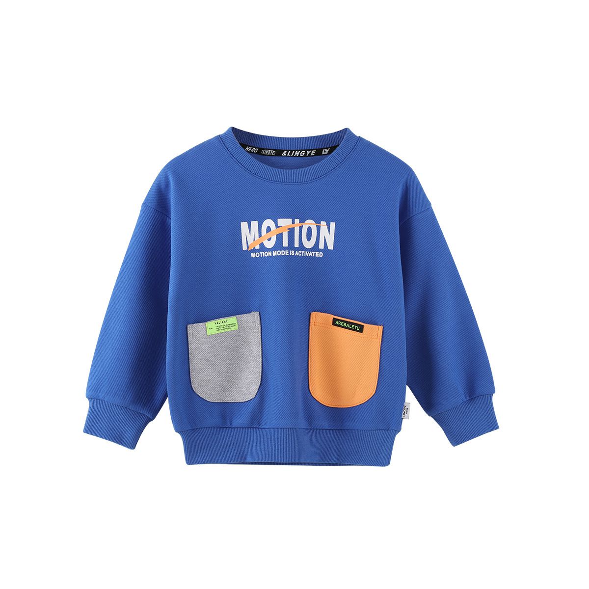 童趣圓領長袖上衣-拼色雙口袋-黑色