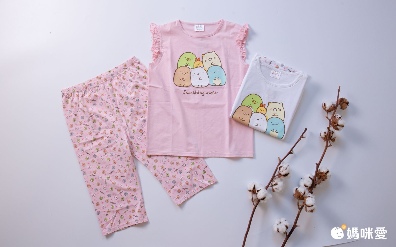 角落小夥伴 - 棉質女童無袖睡衣套裝-角落生物大圖荷葉袖-粉