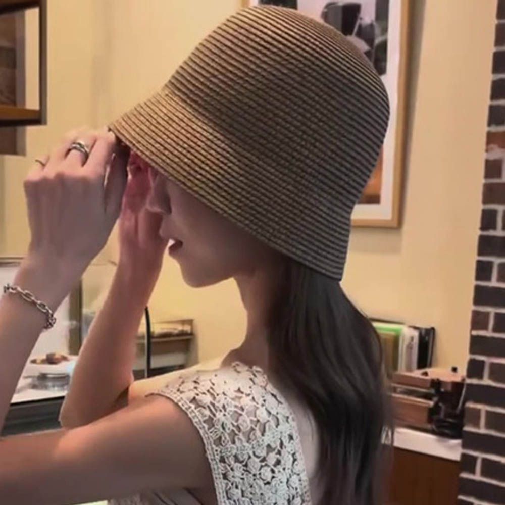 藤編風鐘型遮陽漁夫帽-咖啡 (F)