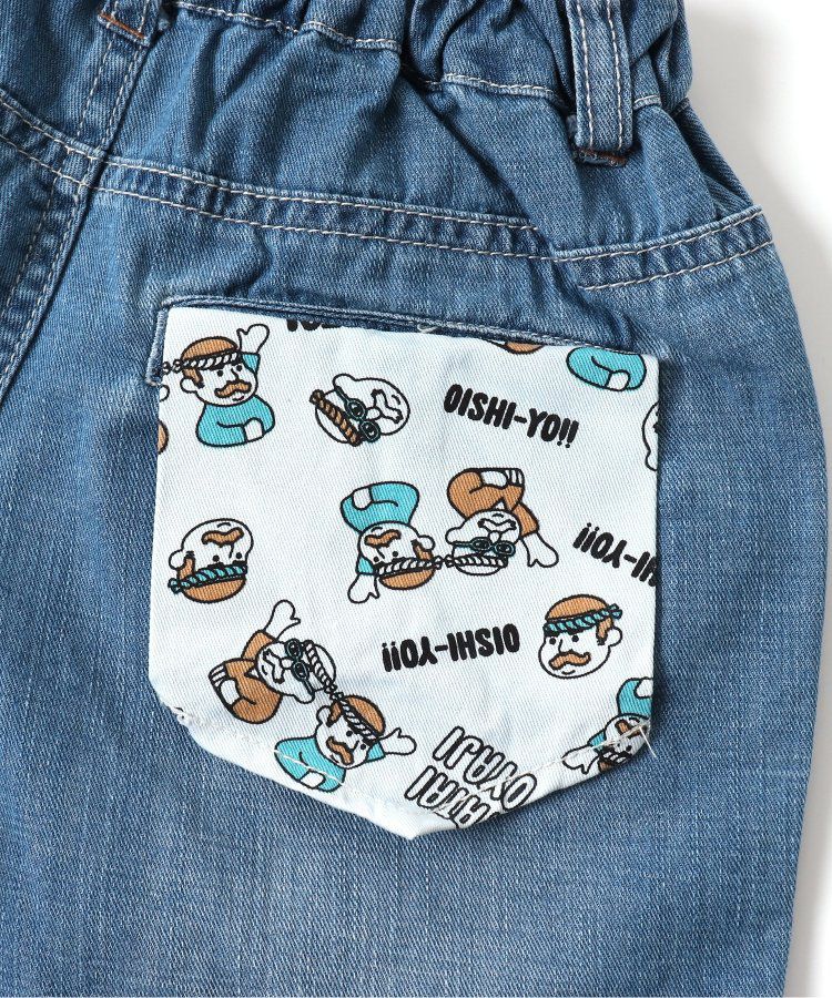 日本 BREEZE - 夏日祭典逗趣刺繡手巾牛仔短褲-幽默師匠-淺藍
