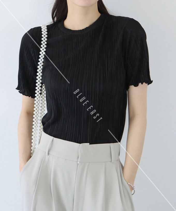 日本 BLUE EAST - 韓國製 圓領貝殼紋光澤短袖上衣-粉紅