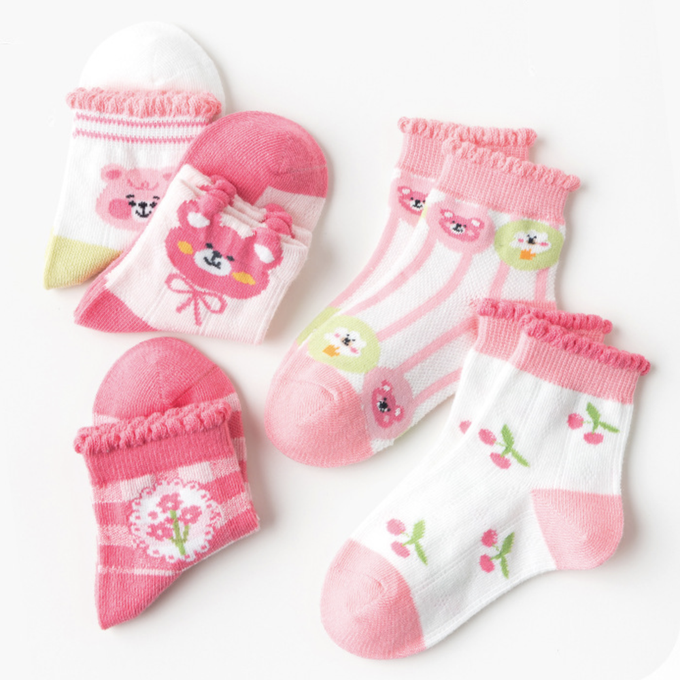 love, charlotte - 泡泡花邊粉紅小熊櫻桃網眼短筒棉襪-5 雙一組