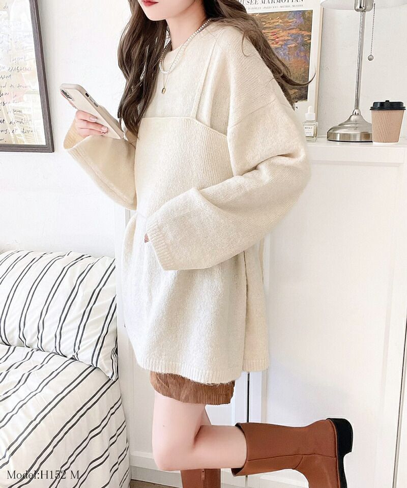 日本 Classical Elf - 二件式針織修身長版上衣+細肩背心-可可卡其