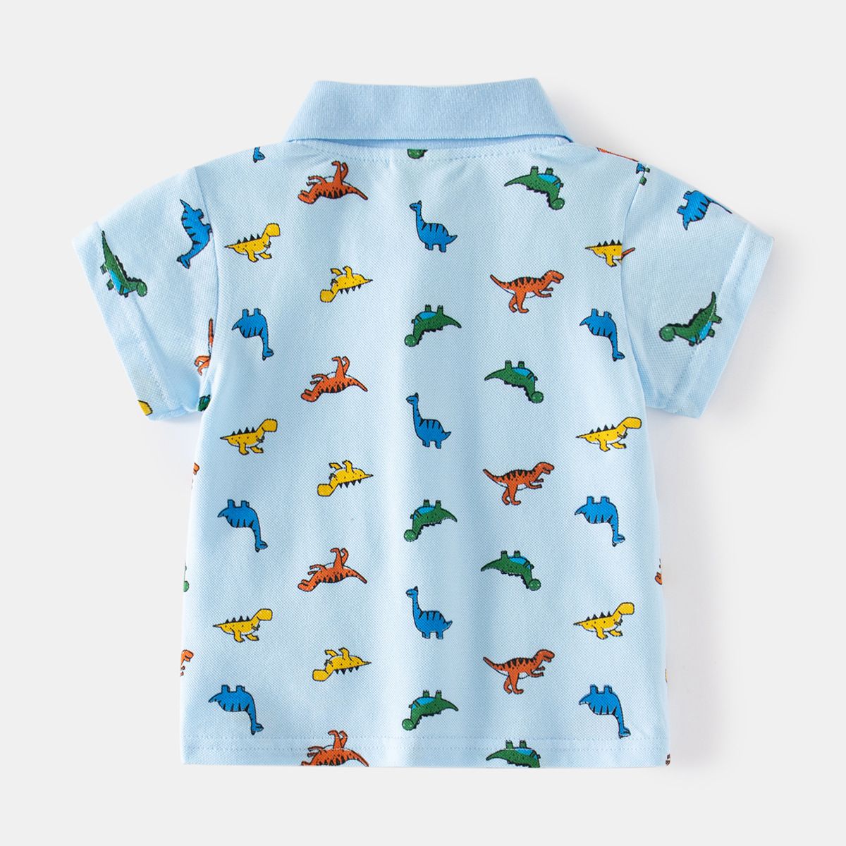 WELLKIDS - 純棉休閒翻領短袖襯衫-繽紛小暴龍-藍色