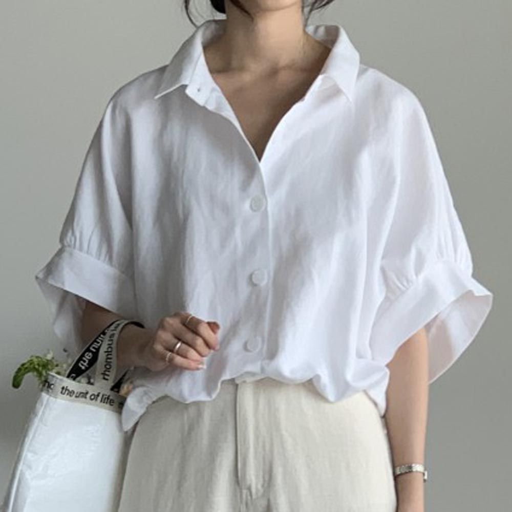 韓國女裝連線 - 夏日寬鬆垂墜棉麻襯衫-白 (FREE)