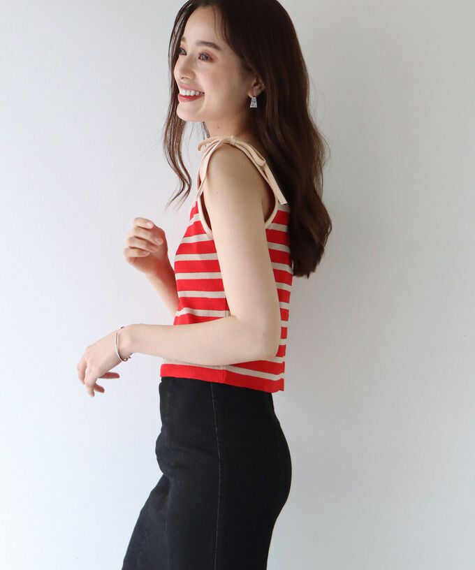 日本 BLUE EAST - 單邊綁帶條紋無袖上衣-綠