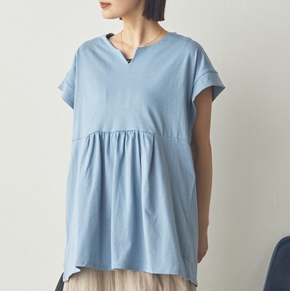 100%棉 V領造型遮肉短袖上衣-藍
