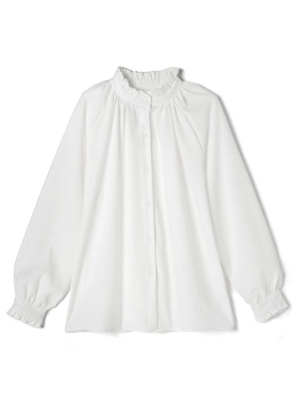 日本 GRL - 荷葉立領雪紡長袖襯衫-天使白