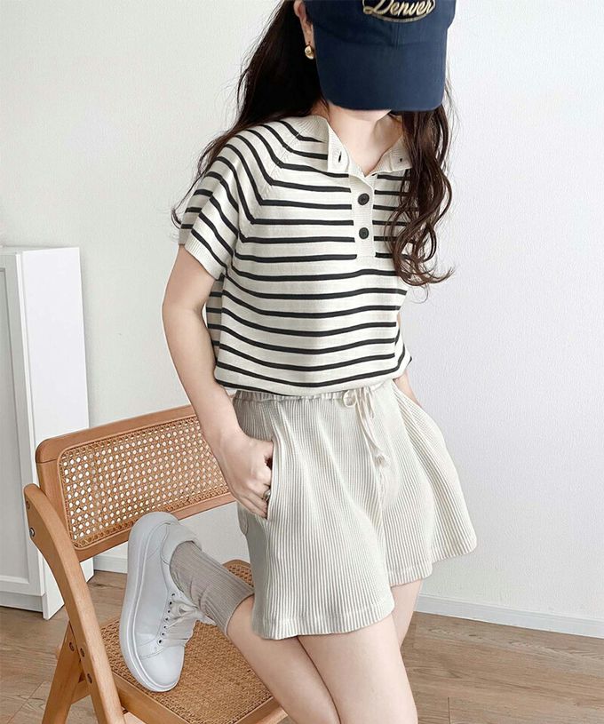 日本 Classical Elf - 定番條紋2way亨利領短袖上衣-摩卡