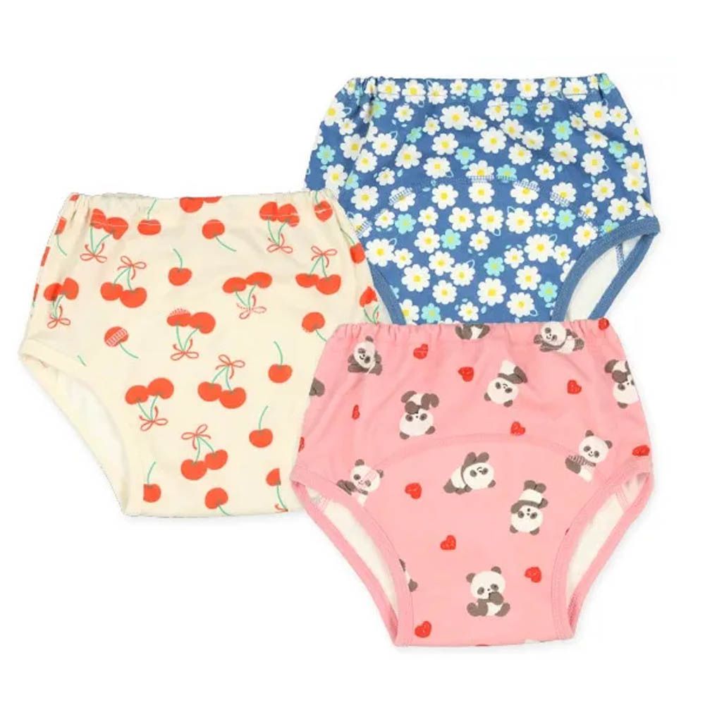 三層密縫式學習褲3件組-貓熊/櫻桃/小花-藍粉黃