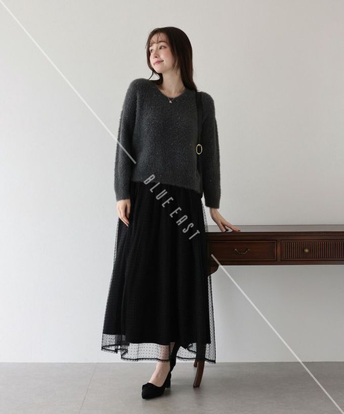 日本 BLUE EAST - 華麗雙層薄紗魅力長裙(可選長度)-格紋-黑