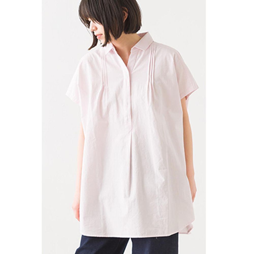 日本 OMNES - 100%棉 透氣寬鬆短袖襯衫-淺粉